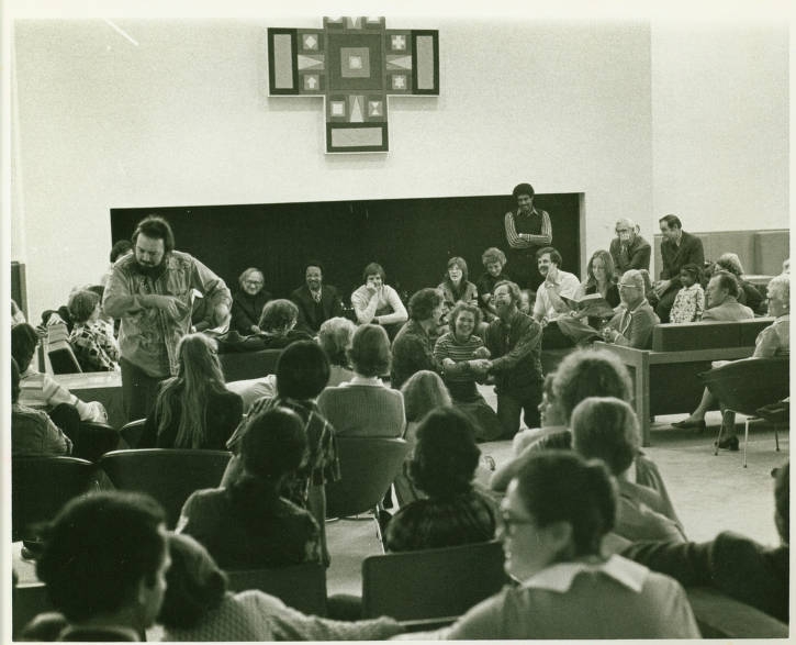 Students gathered for a performance of "How the Grinch Stole Christmas" in the Common Room at 1971 Christmas Party.