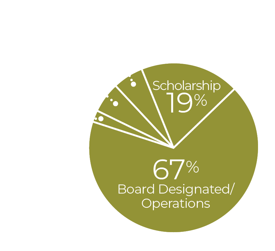 Endowed Spend by Function Pie Chart: 67% Board Designated / Operations, 19% Scholarship, 6% Library, 6% Other, 2% Chairs