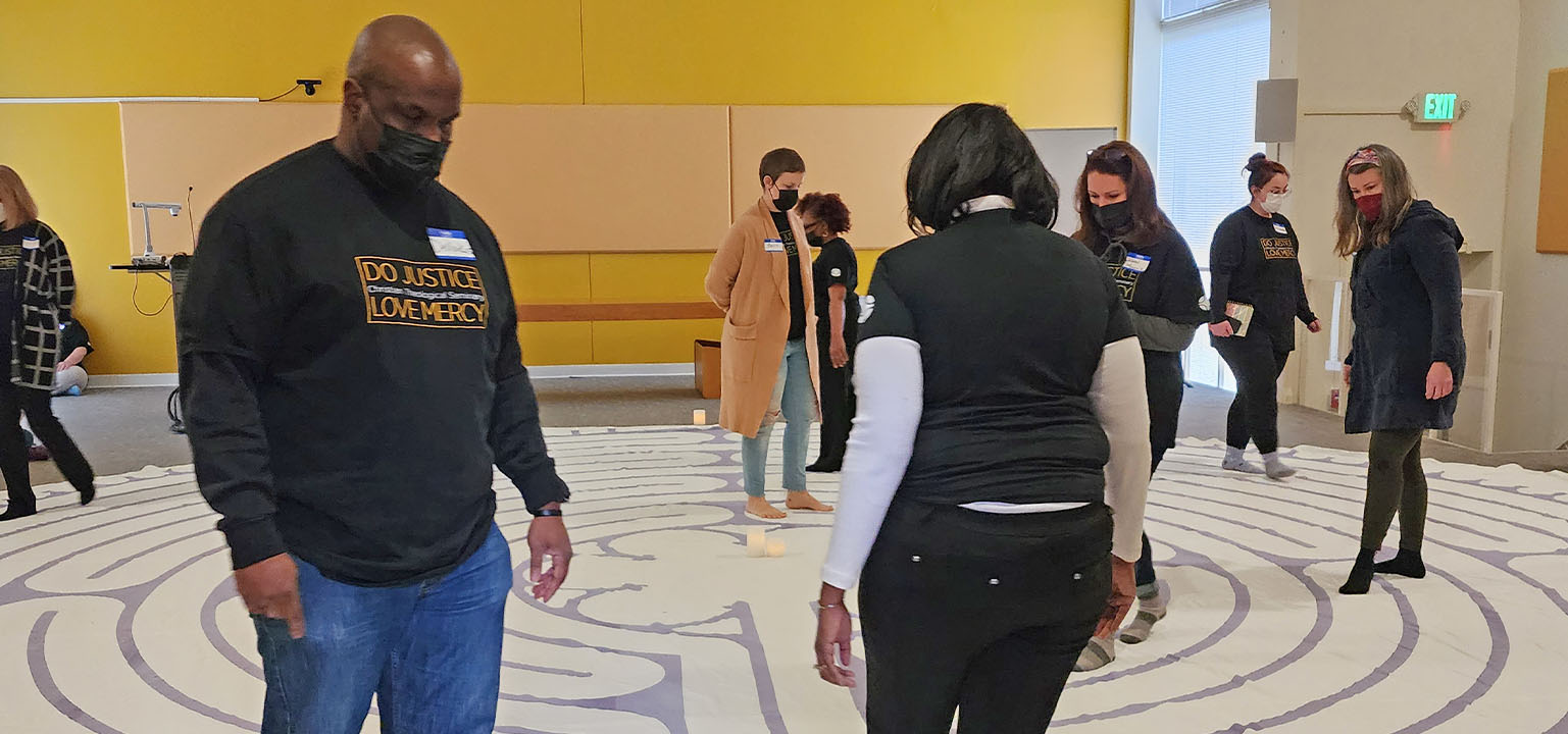 Students walk the labyrinth