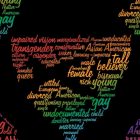 Mosaic of rainbow colored words in the shape of a chalice.