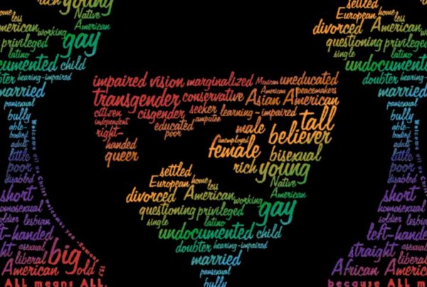 Mosaic of rainbow colored words in the shape of a chalice.