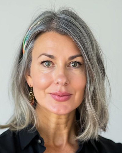 Calle Tinkham A woman with grey and brown hair smiling slightly